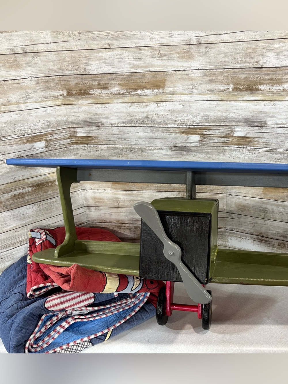 Airplane theme decor children’s kid’s room - quilt and bookshelf